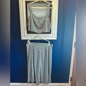 Green & White Floral Midi Skirt and Crop Top Set